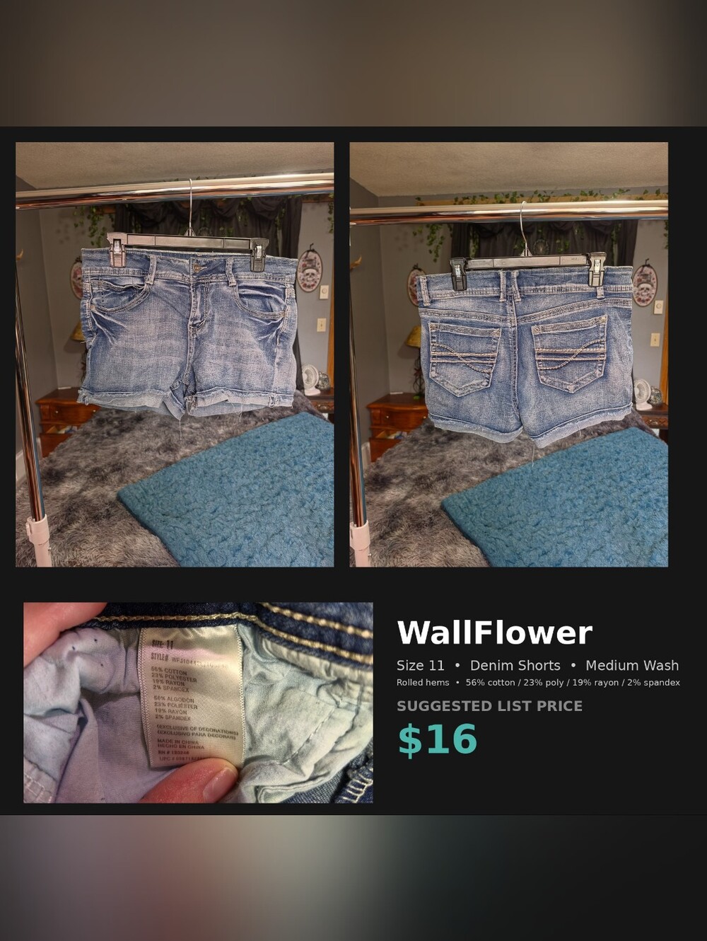 WallFlower Womens 11 Denim Shorts Medium Wash Rolled Hem Stretch